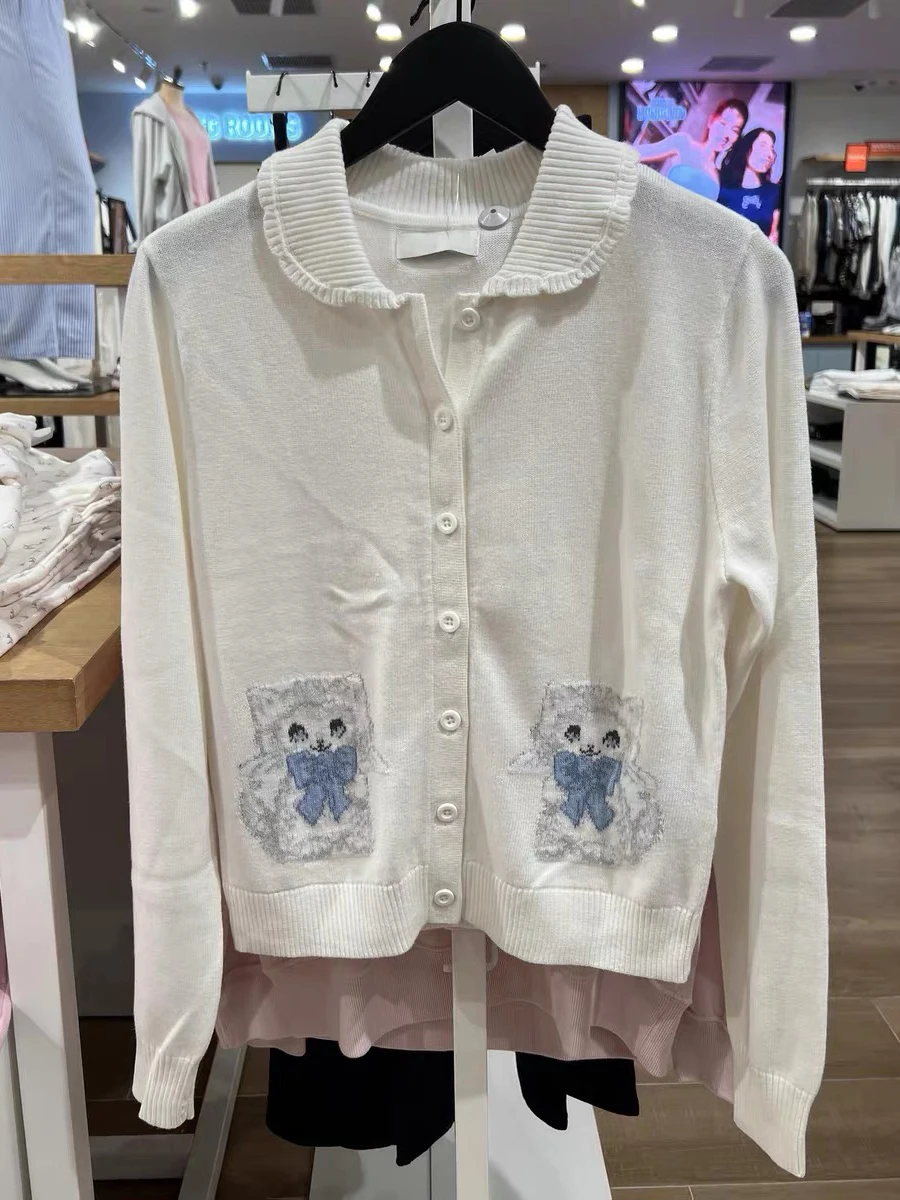 لطيف الكلب التطريز سترة سترة المرأة ترتيب الأسرة طوق واحدة الصدر طويلة الأكمام الحلو عادية رمادي قصير تريكو Y2k جديد