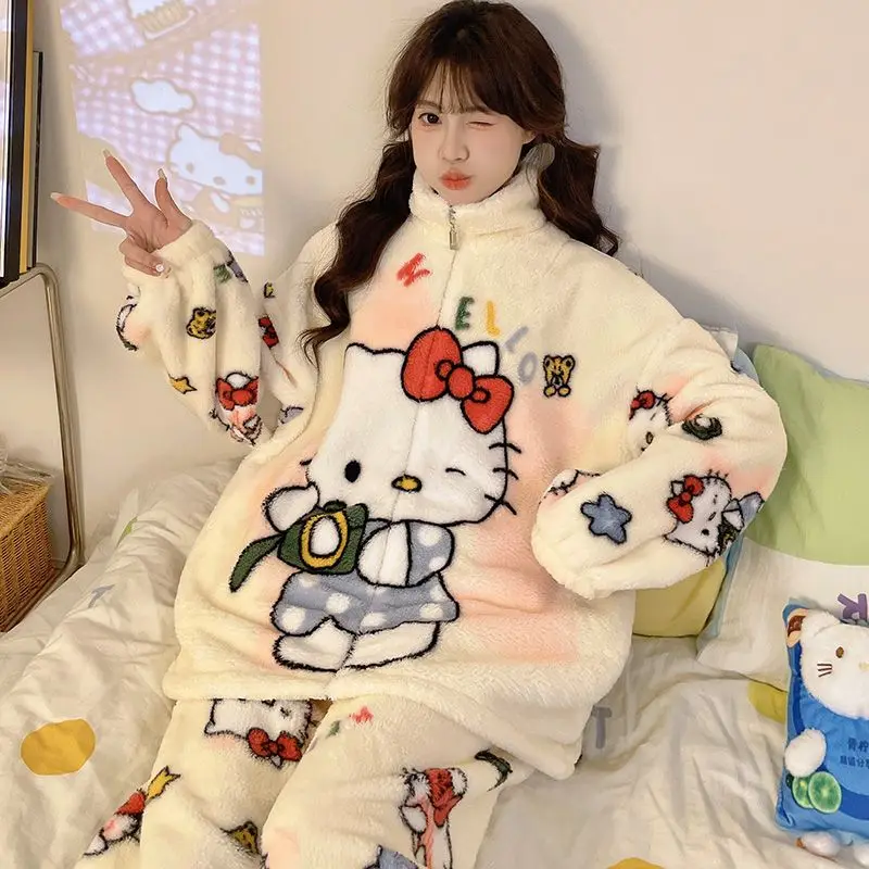 Hello Kittys Women Autumn Winter Coral Velvet Pajamas New Thickened Warmth Cute Home Clothes Sweet Y2K Girls Zipper Sleepwear