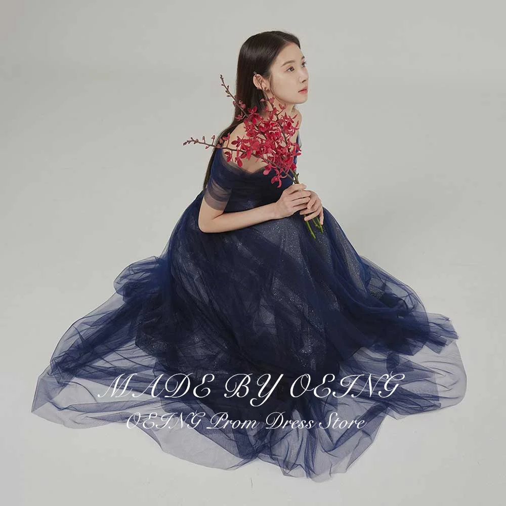 OEING Glitter Navy Blue Tulle Long Prom Gowns Fairy Off the Shoulder Photoshoot Evening Dresses Korea Wedding Party Dress Gala