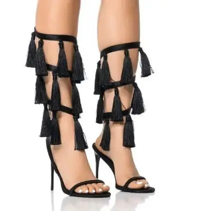 

Summer Black Leather Tassel Cross Strap Elastic Band Open Toe Thin Heels Slingback Knee High Sandals Boots Women High Heel Boots