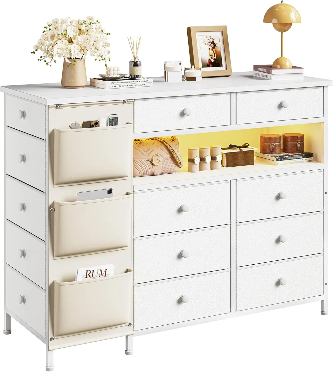 Bedroom with 13 Drawers and LED Lights, Long Drawers Dresser, White Dressers & Chests of Drawers,Fabric Chest of Drawers with Si