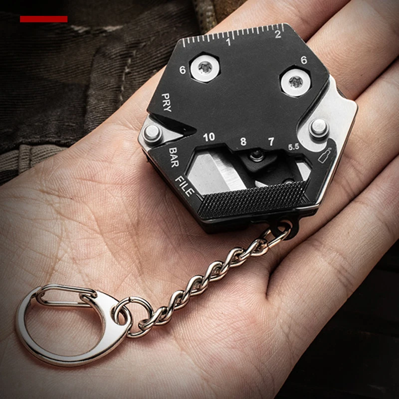 Multifunctional Keychain Hexagon Coin EDC Tool Mini Pocket Folding Screwdriver Knife Ruler Bottle Opener Key Chains Rings Gadget