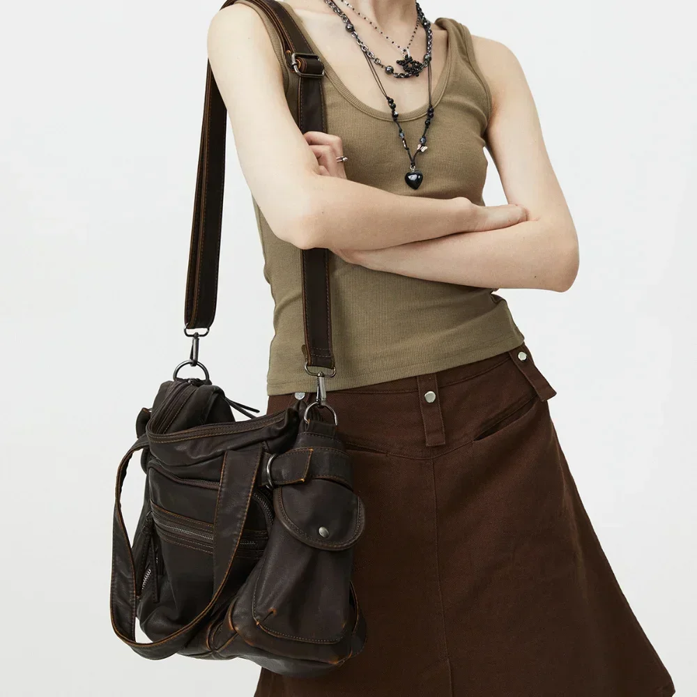 New Y2K Casual Commuter Retro Women’s Motorcycle Tote Bag Large Capacity Multi Pocket Shoulder Crossbody Handbag PU Leather Bag