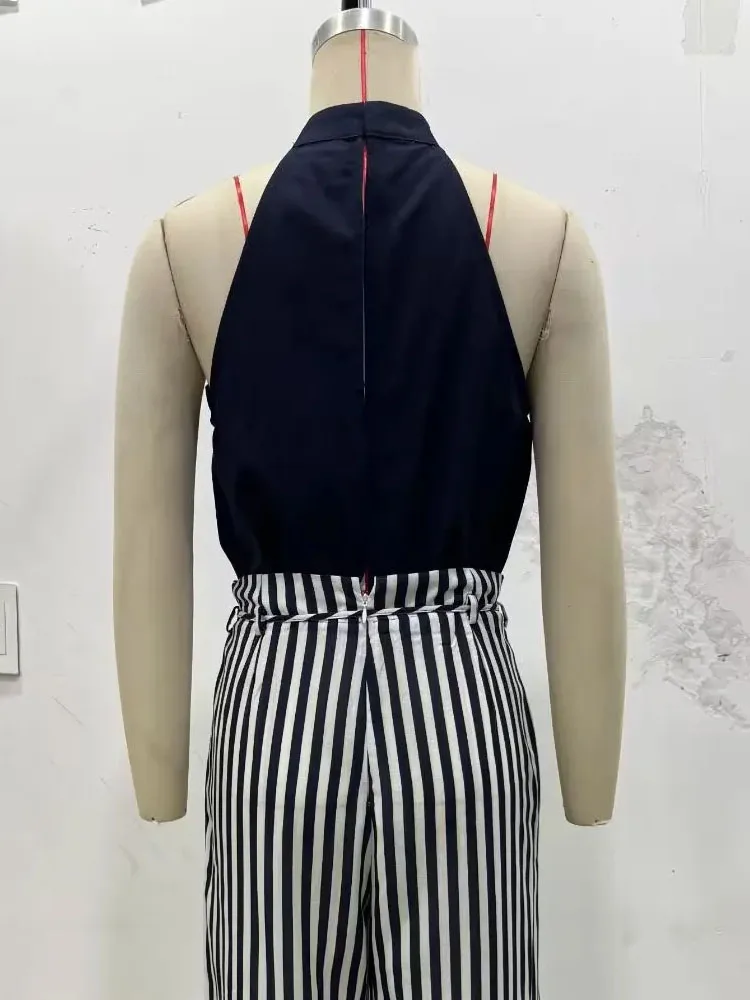HH Women Autumn Fashion Crew Neck Belt Decoration Striped Jumpsuit Female Pockets Back Hollow Zipper Sleeveless Jumpsuit