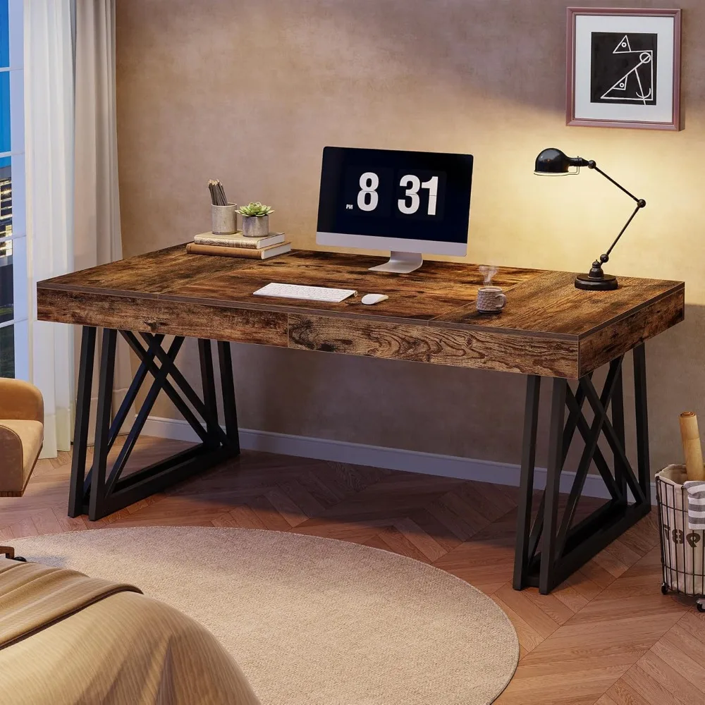 مكتب إداري مقاس 63 بوصة، مكتب كمبيوتر مكتبي، مزود بأرجل X قوية، وحقيبة جلدية كبيرة لمكتب الكتابة #5