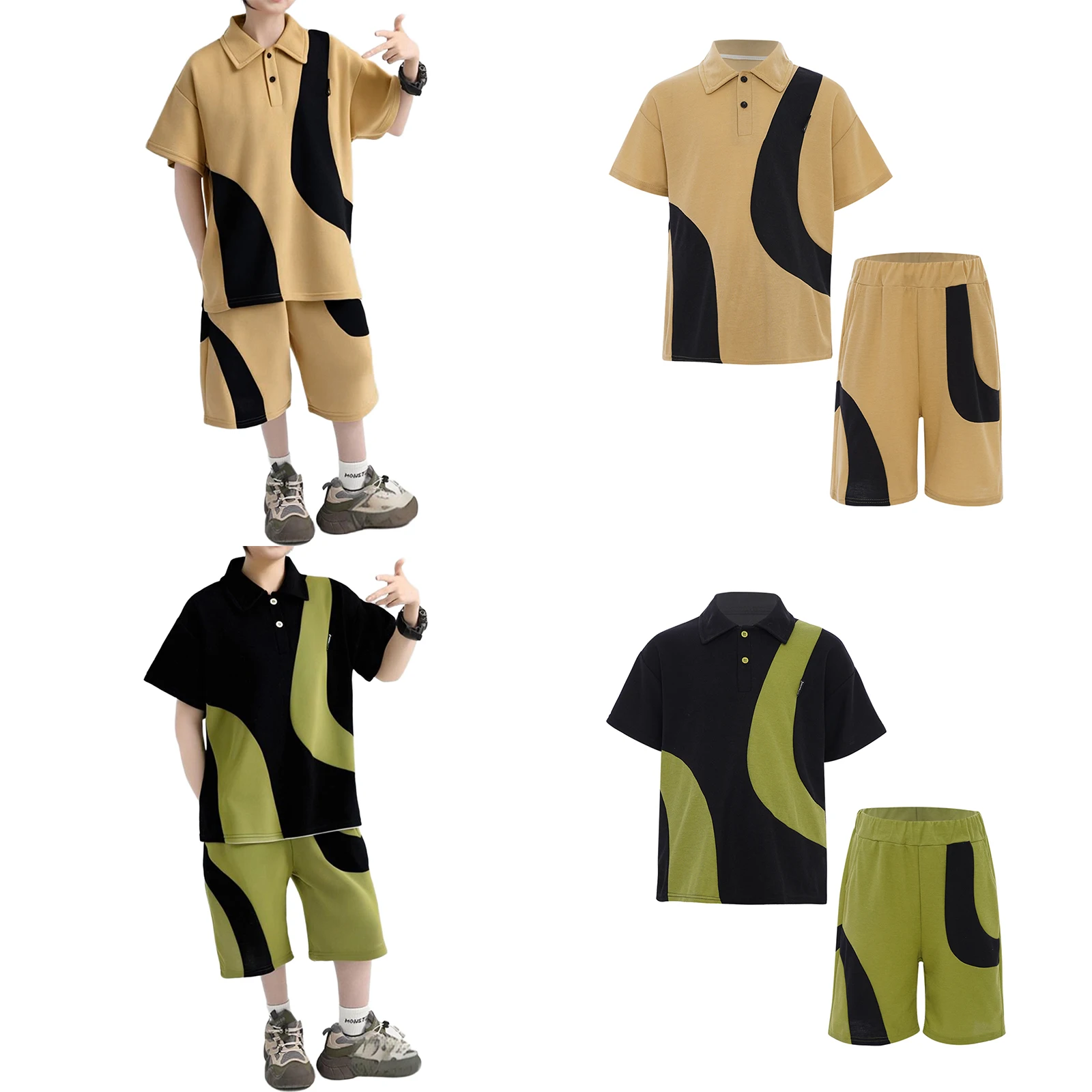 Children's Scimitar Lapel Sporty Casual Suit Boys Fashion Color Block Athletic Outfit Hip-Hop Skateboarding Sports Costume Sets