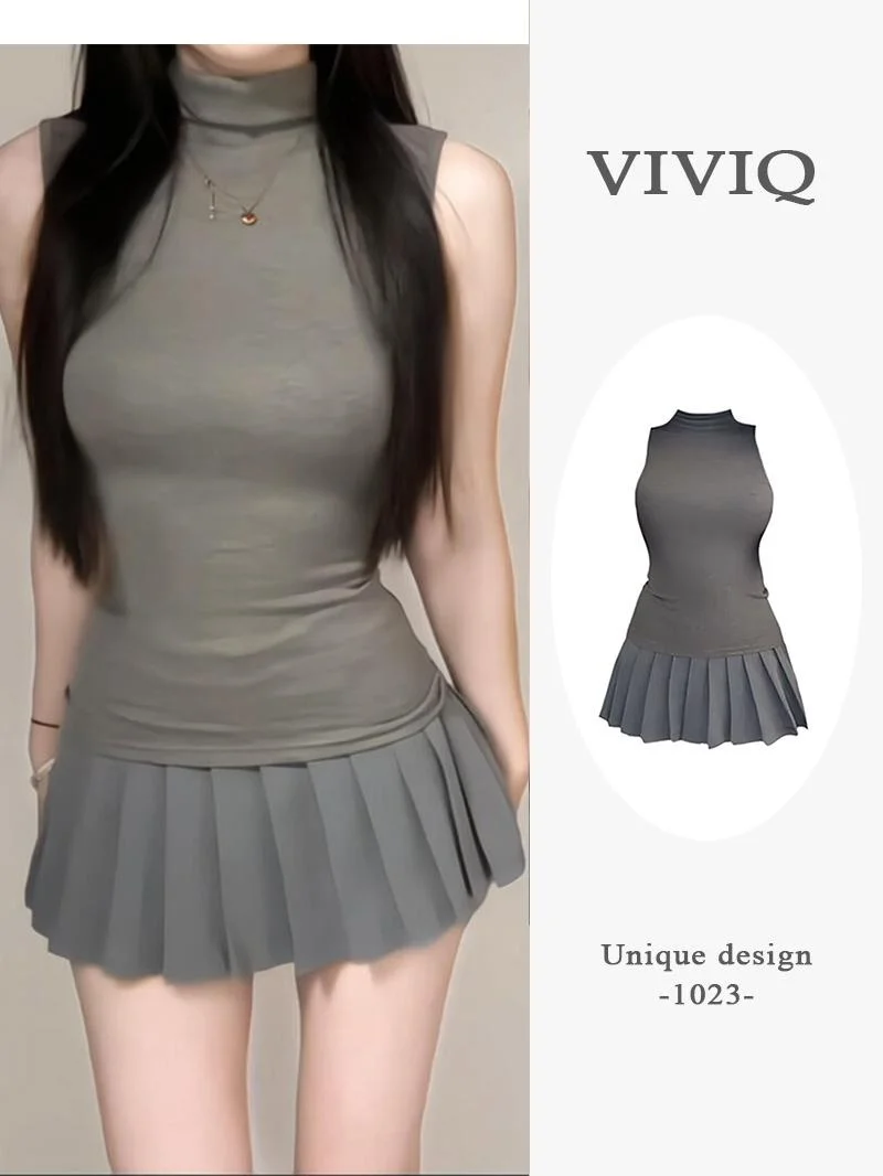 

Elegant Grey Half High Collar Sleeveless Skirt Set Women's Fashion Spring Summer Two-Piece Polyester Fiber Ensemble