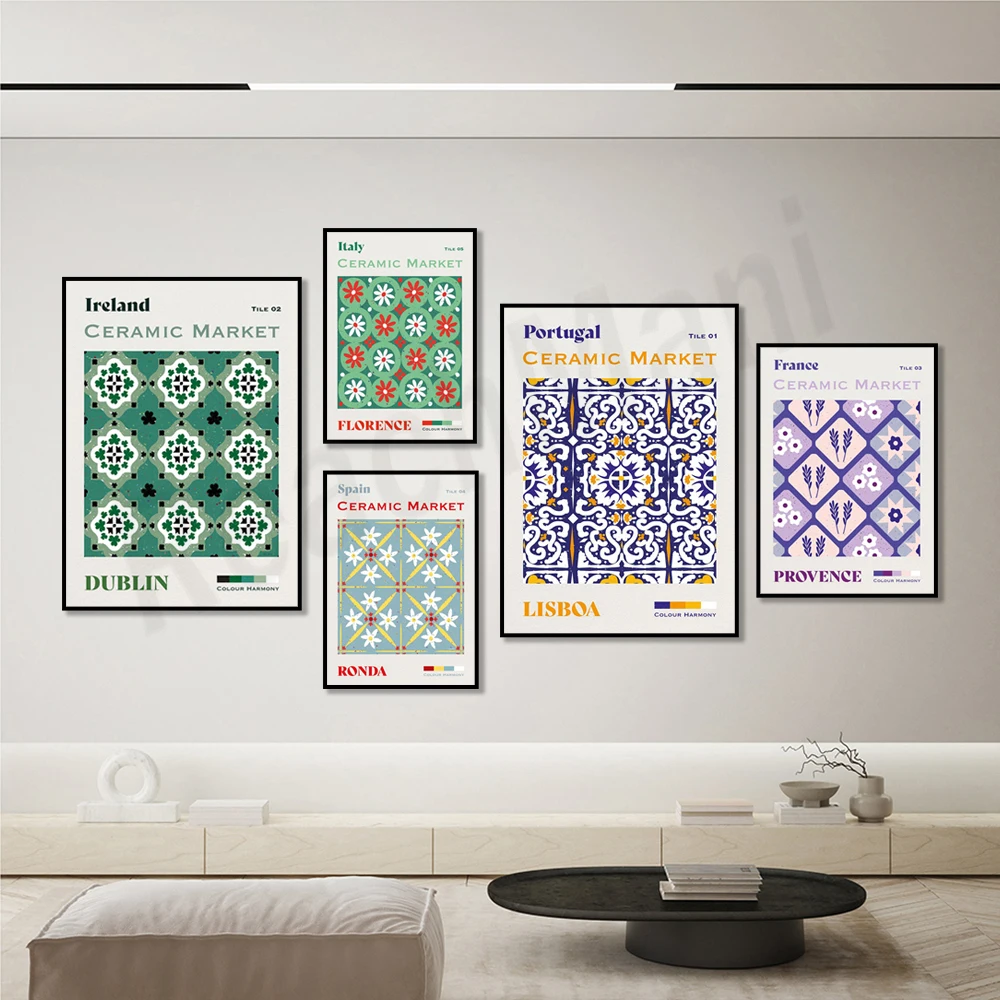 Spain, Italy, Portugal, Ireland, France Tile Market Canvas Print Poster, Travel Poster Wall Decor