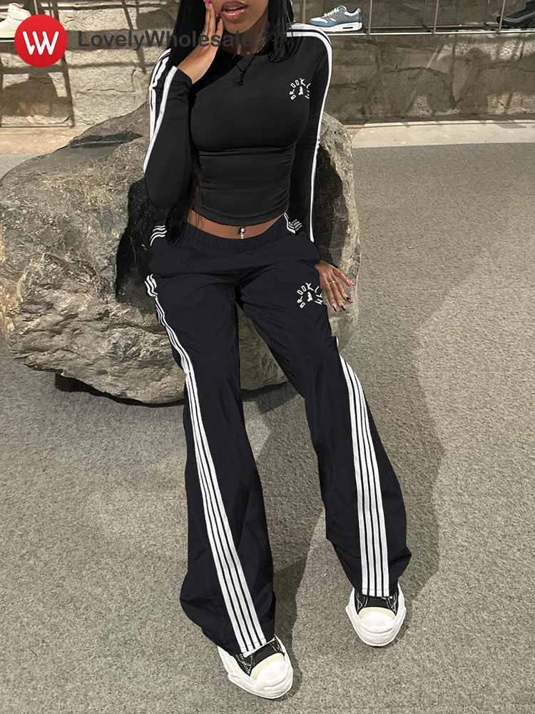 

LW Striped Pant Sets Tracksuit Women 2024 Autumn Casual Top Spliced Straight-leg Trouser Basic Patchwork Two-piece Pants Set