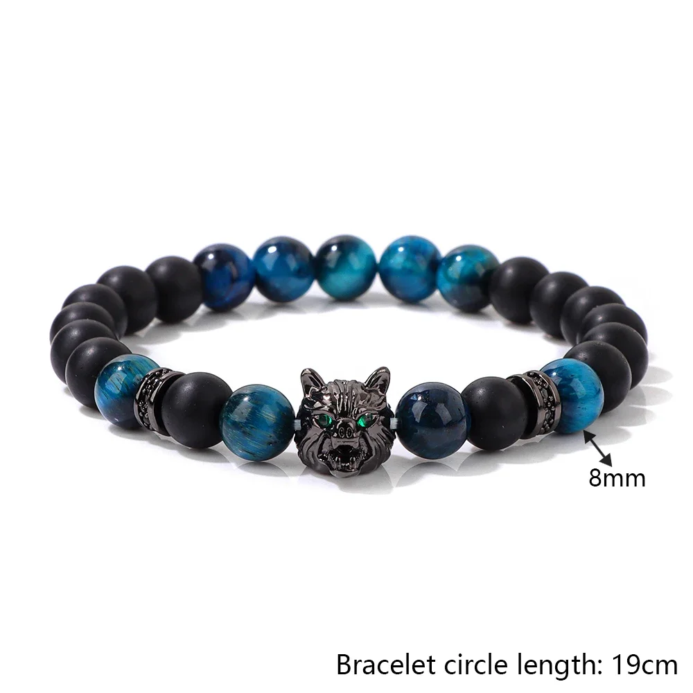 Trendy Black Wolf Head Bracelet Natural Stone Tiger Eye Lapis Lazuli Beaded Bracelets For Women Mne Homme Hombre Wristband Gift