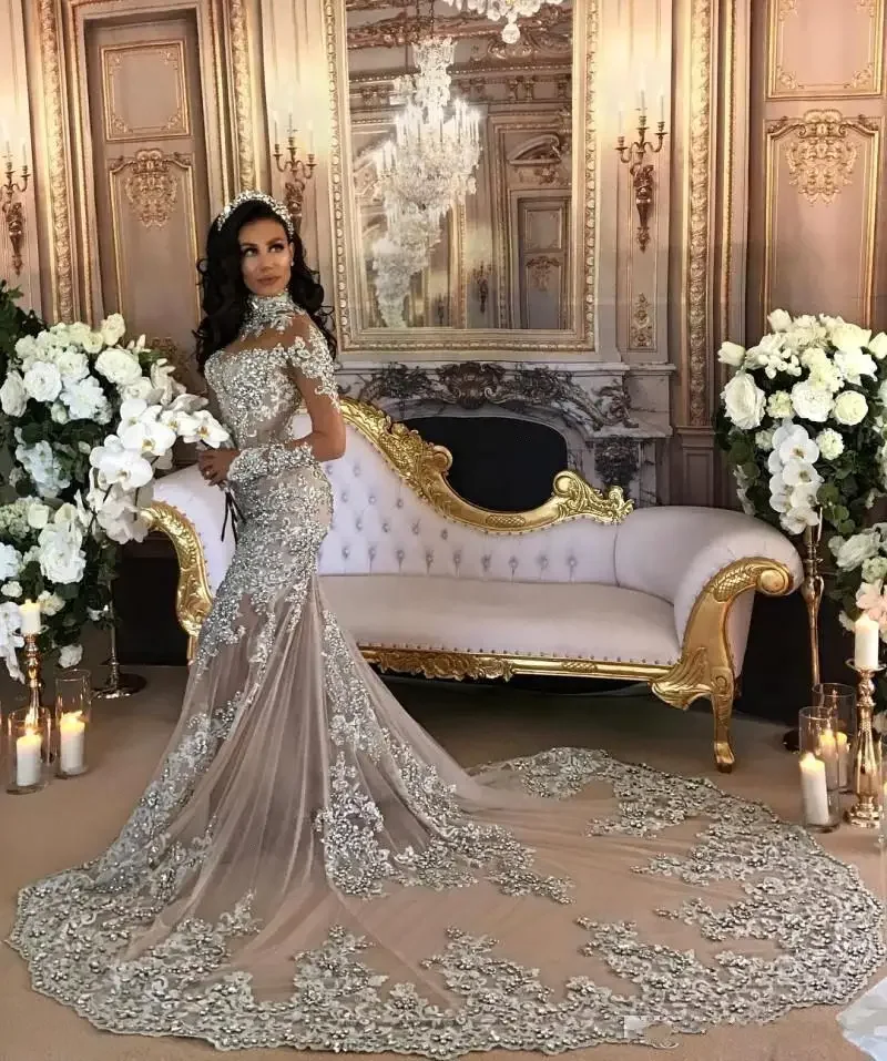 Personalizado elegante dubai árabe luxo brilhante vestidos de casamento sexy bling frisado renda apliques alta pescoço ilusão mangas compridas m