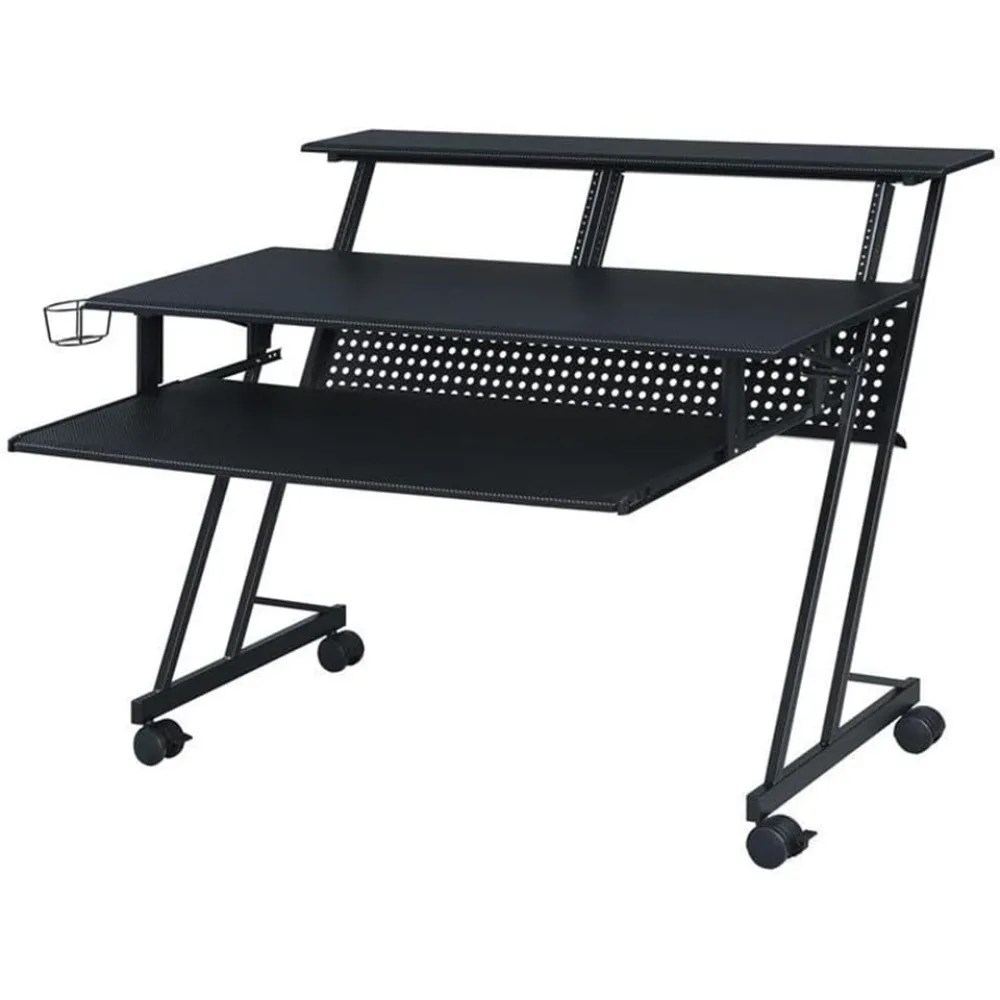 طاولة سوداء لاستوديو الموسيقى الفردي مع صينية لوحة مفاتيح واحدة، 4 عجلات، حامل أكواب، 47 طول × 27 عرض × 38