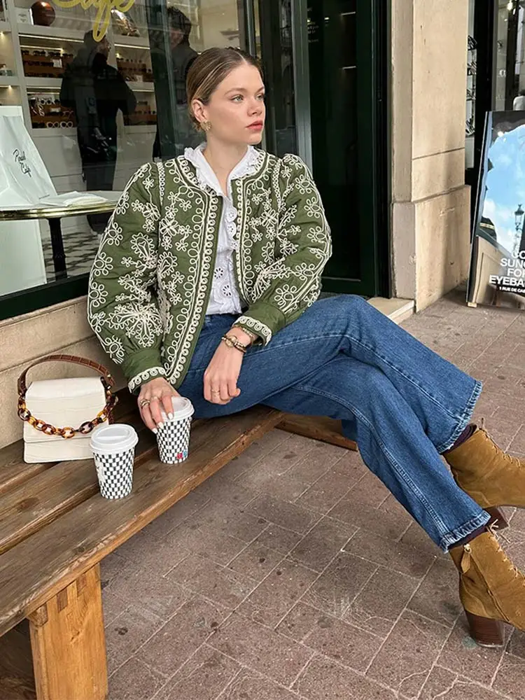 Vintage Green Print O Neck Cropped Cotton Coats Women 2024 Autumn Full Lantern Sleeves Short Jackets Winter Lady Chic Streetwear