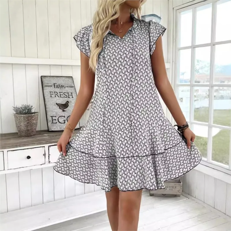 Nowa koronkowa sukienka z dekoltem w szpic dla kobiet z koronkowym kołnierzykiem z krótkim rękawem i geometrycznym wzorem luźna talia spódnica z liści lotosu y2k