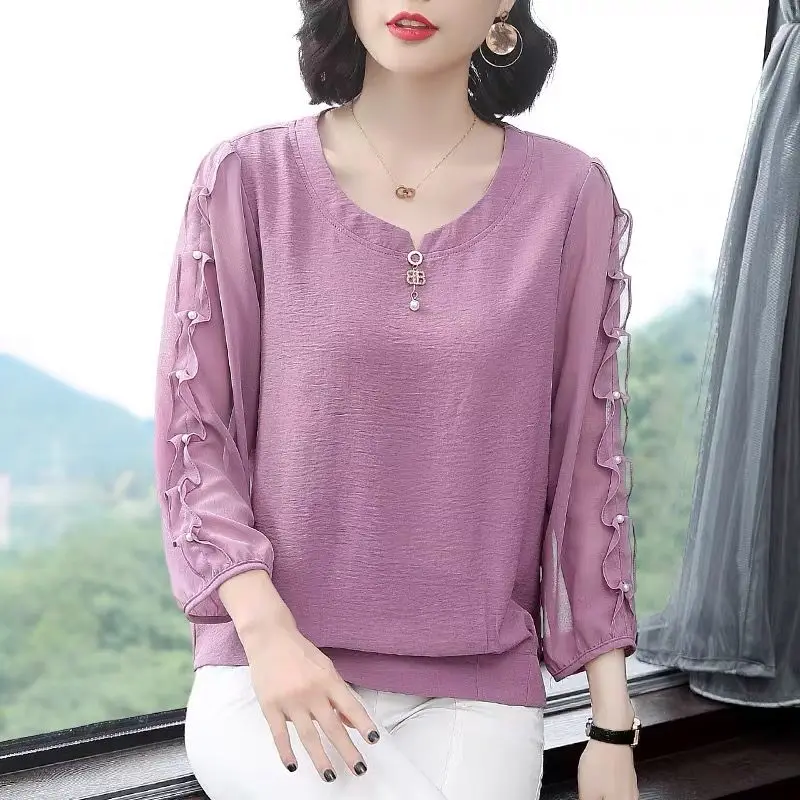 Fashion Elegant Female Ruffles Spliced Beading Chiffon Shirt Spring Summer Women\'s Clothing Korean 3/4 Sleeve Solid Loose Blouse