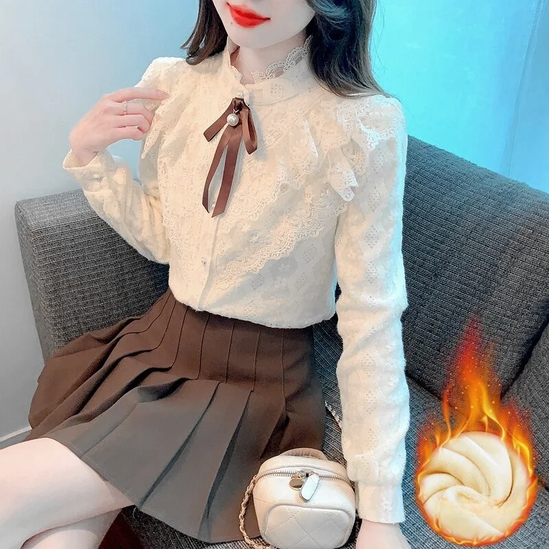 

Женская шифоновая рубашка с кружевной отделкой, на флисовой подкладке, утолщенная, с воротником-стойкой, в корейском стиле, для повседневной носки, модная, для ношения под одеждой, в студенческом стиле, топ