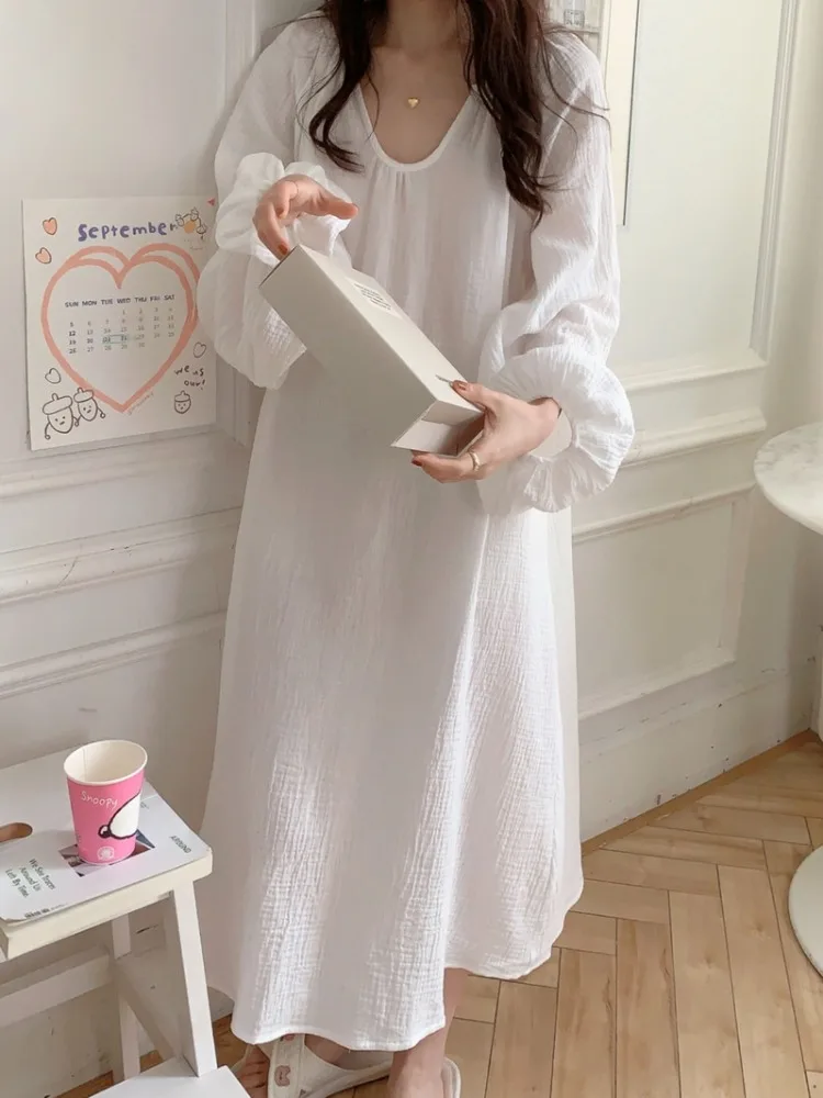 

Ladies' Loose Long Sve Cotton Nightgown Deep V Ne Gauze Spwear Comfortable Home Clothes Spring Autumn Summer