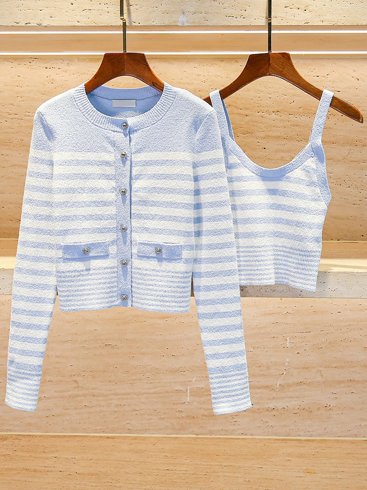 

High-End Women's Summer Striped Knitted Cardigan + Vest Top Set S Home South Oil Faion Commute Sle ort Length Regular Fit
