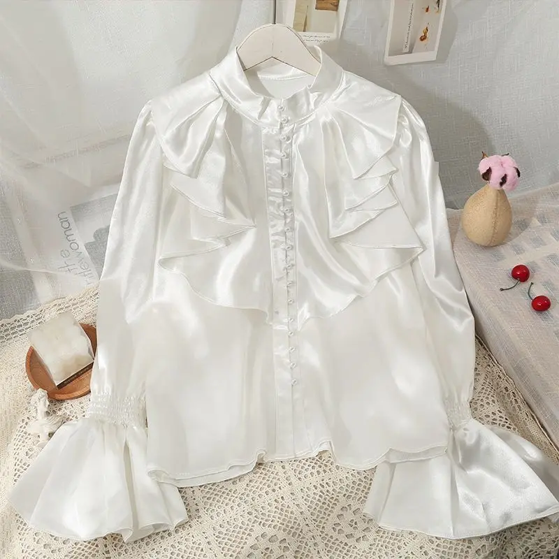 Palace-style Ruffled Stand-up Collar Single-breasted Western-style Shirt Women Spring Satin Trumpet Sleeve Loose Solid Color Top