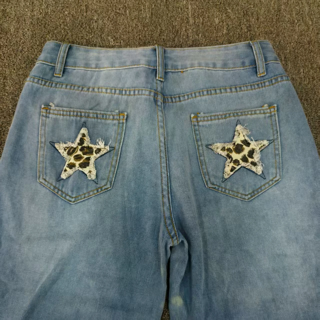 

Y2k Harajuku Retro New Trend Leopard Print Star Patch Men And Women Jeans American High Waist Fashion Vintage Wide-Leg Jeans