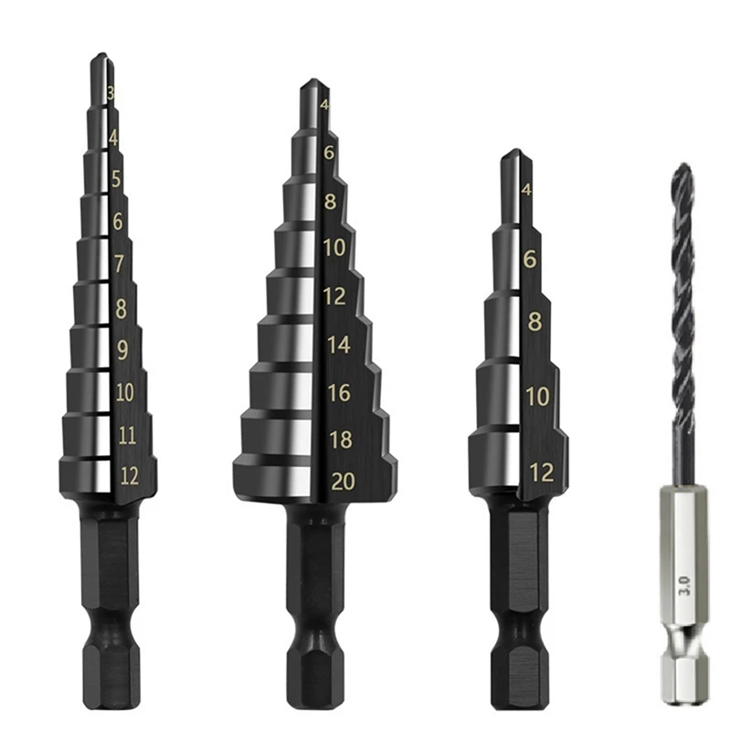 

4Pcs 3-12 4-12 4-20mm HSS Straight Groove Step Drill Bit Nitride Twist Drill Wood Metal Hole Cutter Core Drilling Tools