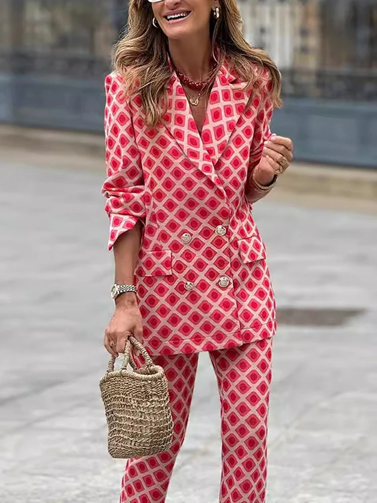 CHICEVER-Conjunto de dos piezas con estampado para mujer, abrigo de doble botonadura empalmado de manga larga con solapa, pantalones ajustados de cintura alta, traje elegante para mujer