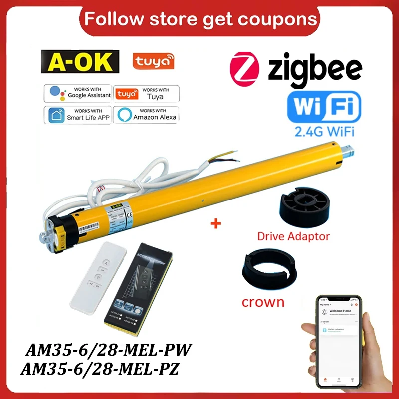 

A-OK AM35 6/28 Smart Blinds Tubular Motor,RF433+Tuya zigbee,for 40mm/45mm/47mm/50mm Tube Rolling Shutter,via Alexa Google Home