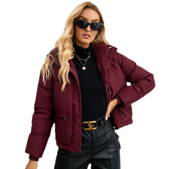 Women Short Jacket Warm Cotton Liner Coat Stand Collar Loose Fit Zipper Casual Winter Outerwear