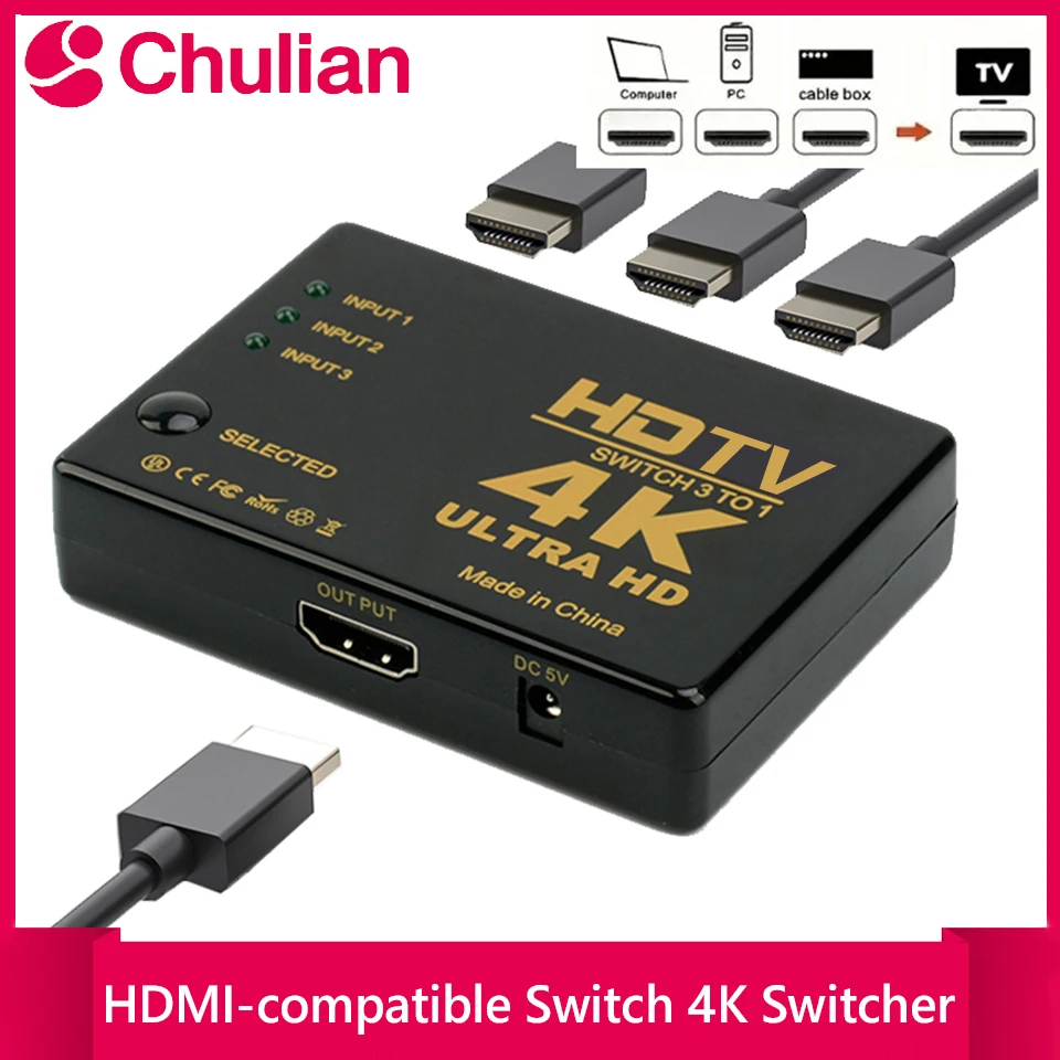 Conmutador HDMI 3 en 1, compatible con 4K, salida HD 1080P, divisor de cable de vídeo, adaptador Hub 1x3, convertidor para PS4/3, TV Box, HDTV, PC