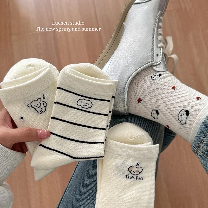 Chaussettes mi-hautes en pur coton pour femmes, motif de chiot blanc mignon, conception de maille, dessin animé japonais JK Kawaii, chaussettes de rinçage amusantes à la mode