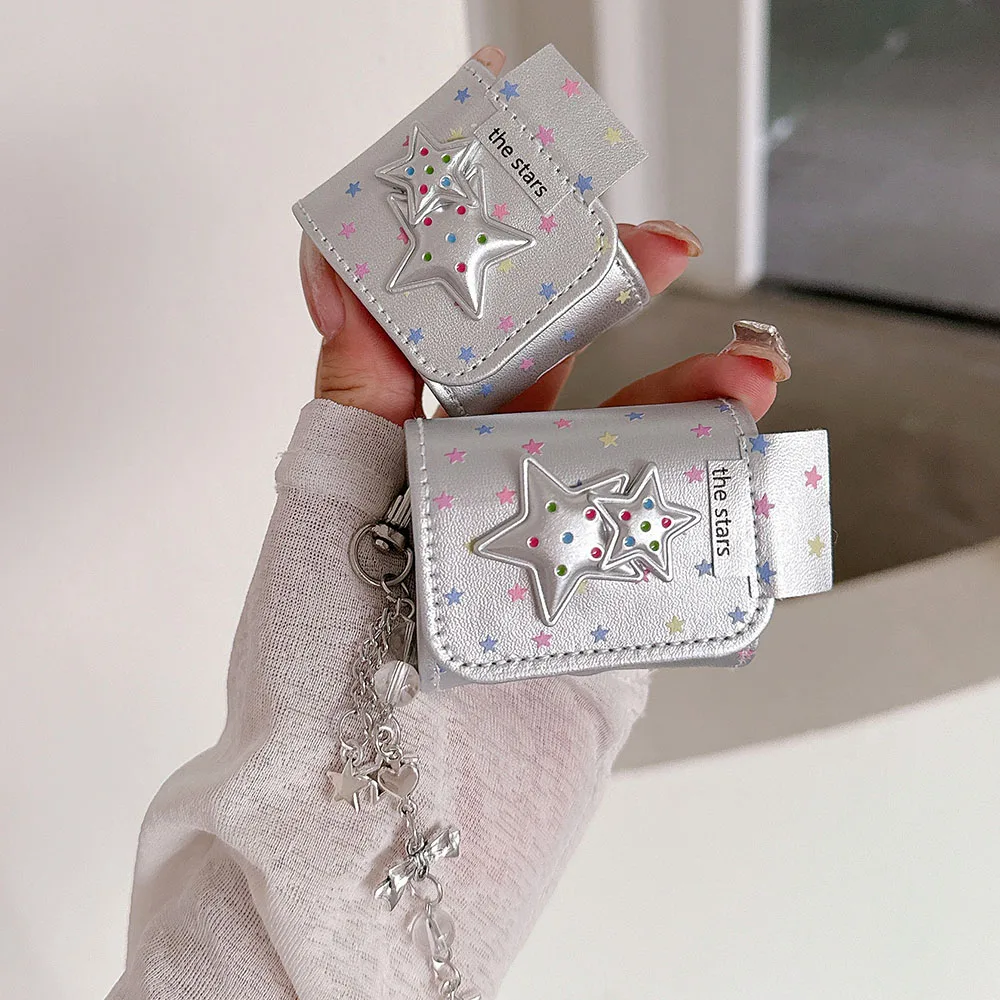 에어팟 프로 2 케이스 은빛 가죽 다채로운 3D 별 이어폰 커버, 애플 에어팟 1 3 프로 2 헤드셋 쉘 펜던트 포함