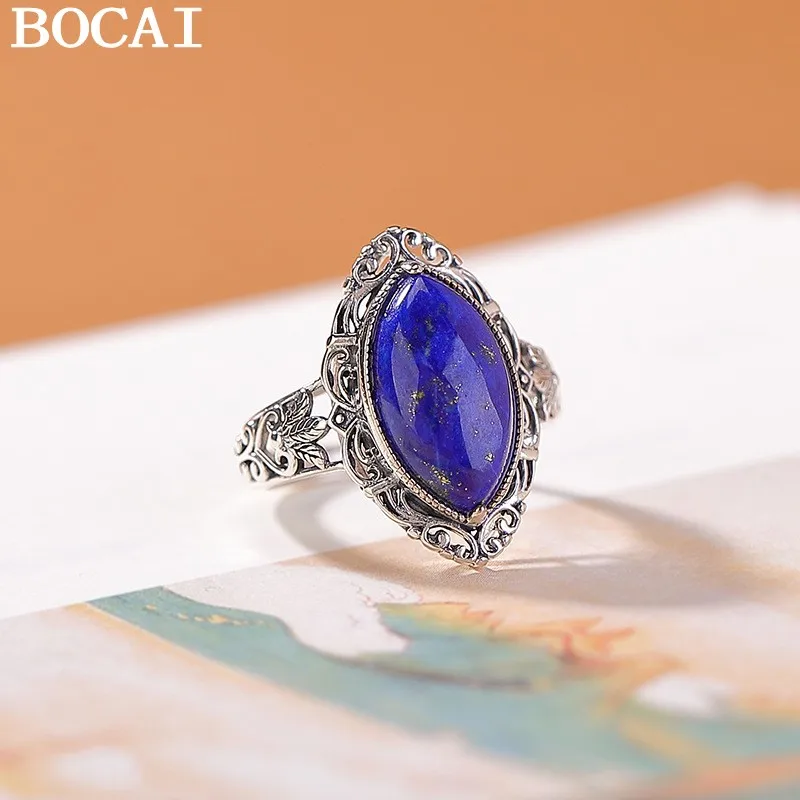 

BOCAI New Real S925 Silver Jewelry Thailand Personality Fashion Diamond-Shaped Lapis Lazuli Woman Ring