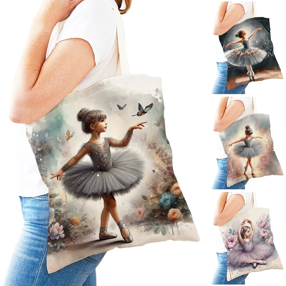 Cartoon Ballet Girl Supermarket Shopper Bag Cute Children Double Print Vintage Lady Tote Handbag Casual Women Shopping Bags