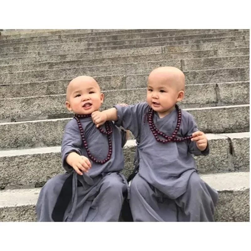 Boys Kids Children Little Monk Clothing Shaolin Temple Tang Suit Baby Cotton and Linen Robes Performance Kung Fu Uniform