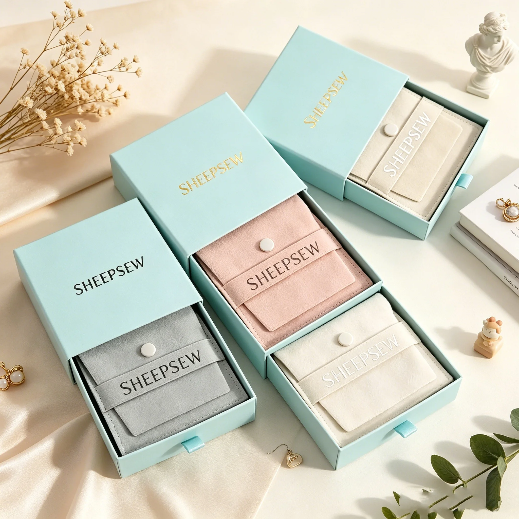 SHEEPSEW Custom Simple Cardboard Sliding Drawer Jewelry Box, Paper Gift Packaging Box with Flap Microfiber Pouch Bag for Earring