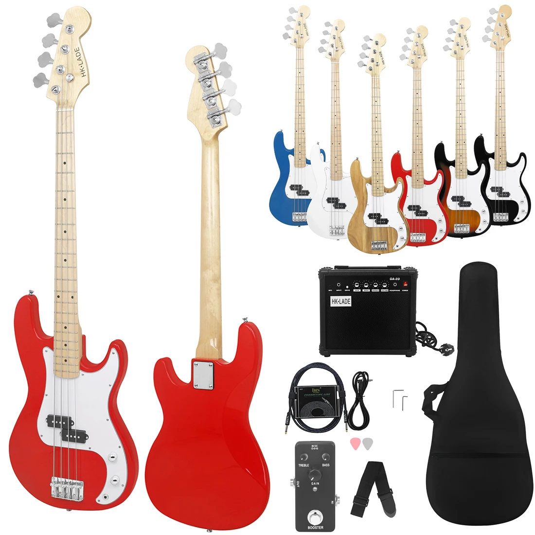 

Red HK-LADE Electric Bass Set Maple Fretboard Electric Bass Guitar Set with Amplifier Bag Strap Picks 3M connection line Parts