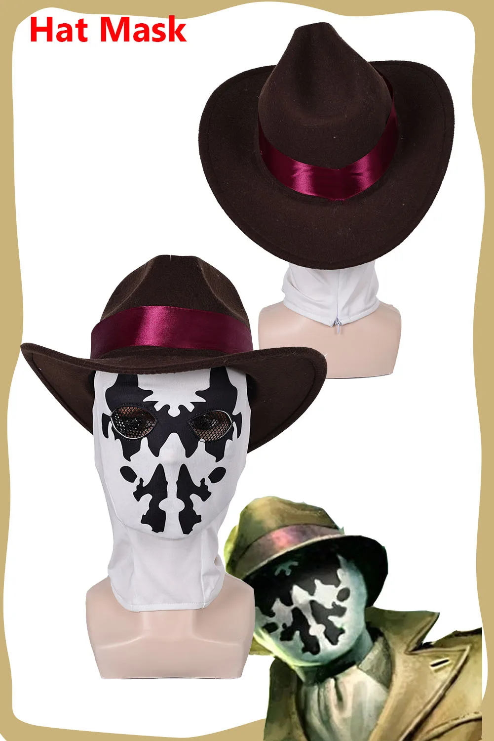 Travestimento Rorschach Cappello Cosplay Maschera Set Gioco OW Accessori per costumi Uomini adulti Gioco di ruolo Cap Velo Halloween Carnevale Vestito Puntelli