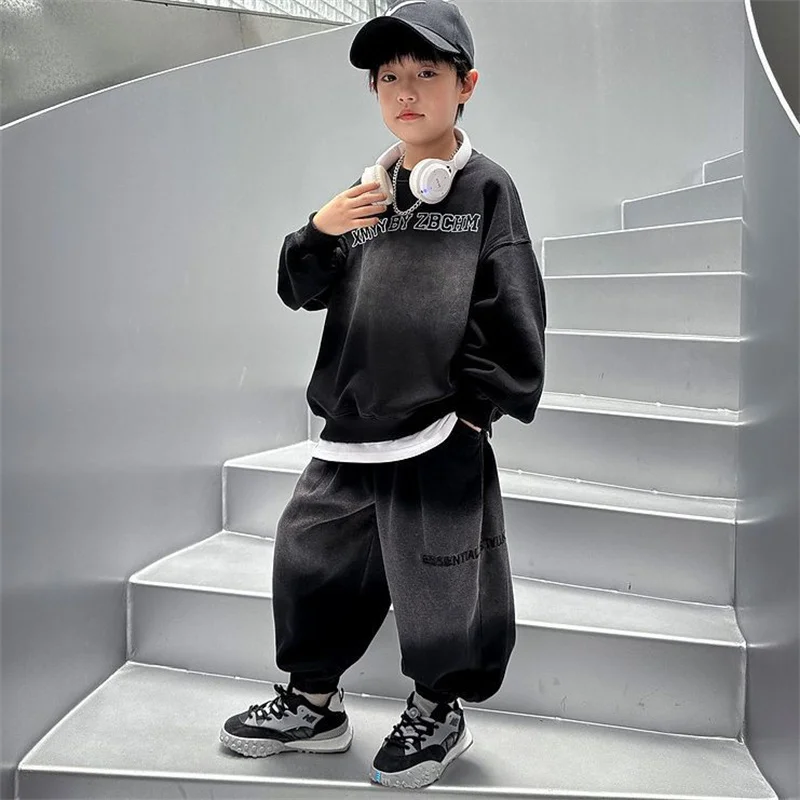 

Boys Sweatshirts +Trousers Cotton Kids Sport Suits 2PCS/Set 2023 Black Jean Winter Autumn School Teenagers Tracksuit Children Se