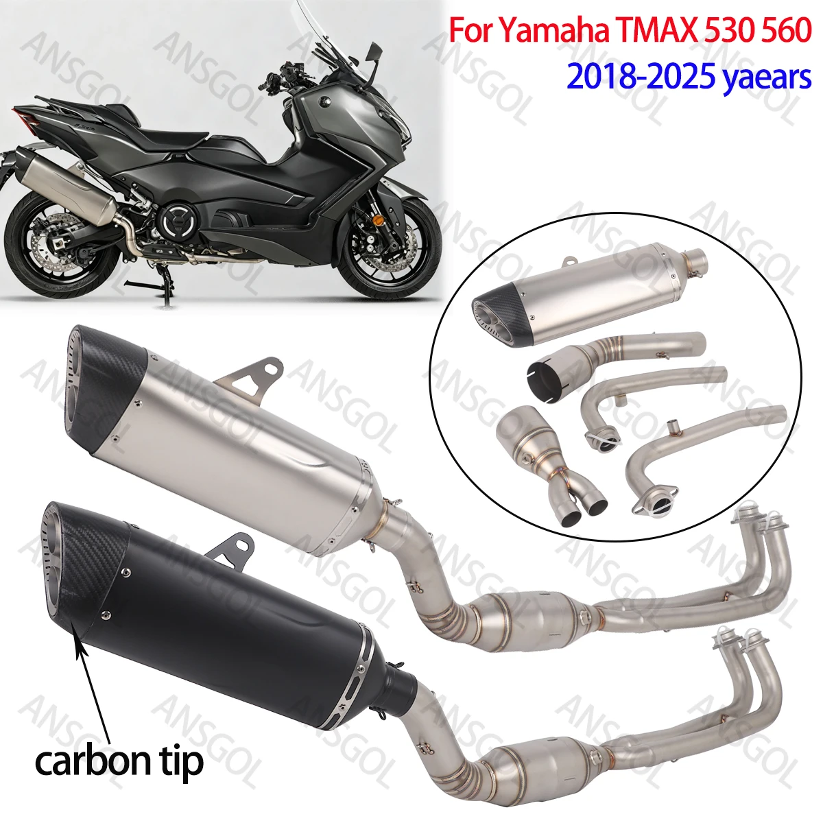 Slip-on Auspuff für Yamaha TMAX 530 TMAX560 Baujahre 2018-2026, Auspuffanlage mit Carbon-Endstück, Schalldämpfer, Verbindungsrohr vorne, Motorrad-Modifikation