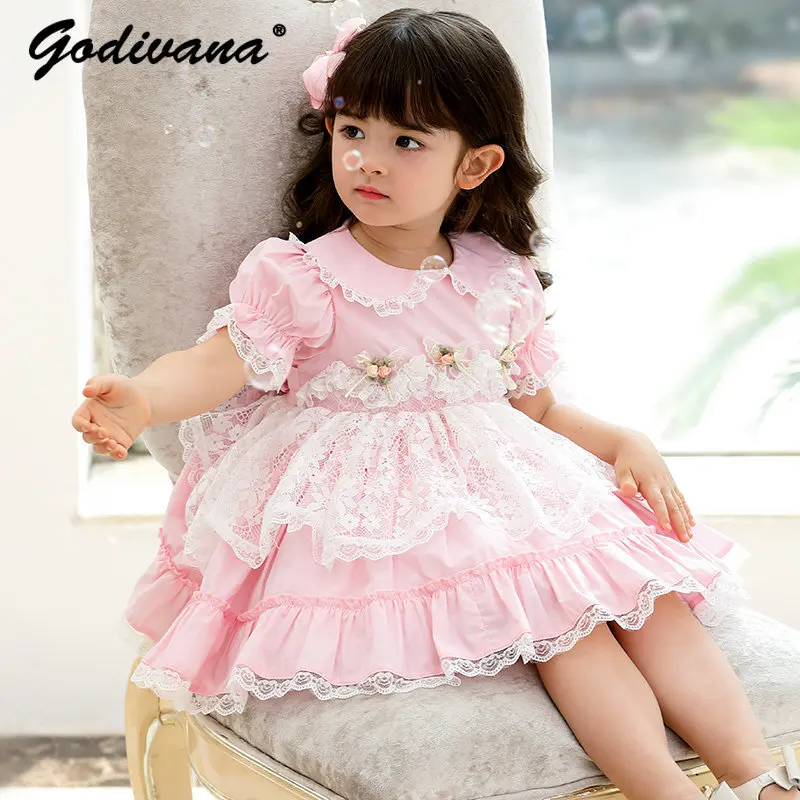 Spanish Baby Girls 2026 New Summer Princess Dress Toddler Girls Fashion Doll Collar Puff Sleeve Lace Trim Floral Tutu Dresses
