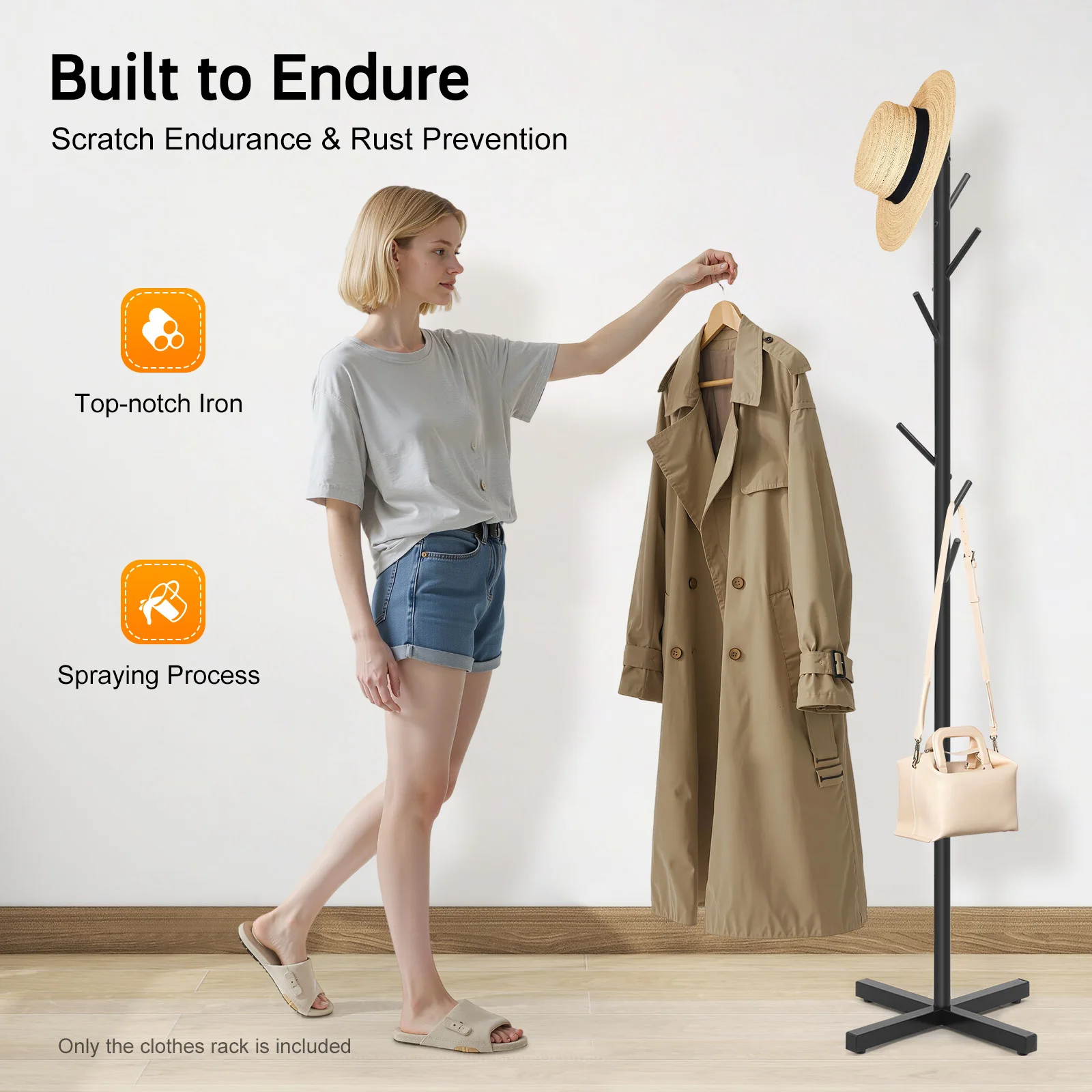 Cabide de galhos de árvores, suporte de casaco preto espesso, base em forma de cruz, tamanho compacto, grande capacidade de 2205 libras, com 7 ganchos