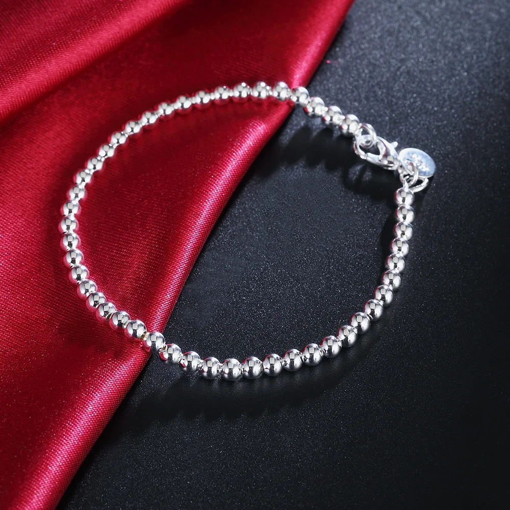 100% Silver Color Fashion 4mm Beads Chain Bracelet 20cm For Teen Girls Lady Gift Women Fine Jewelry