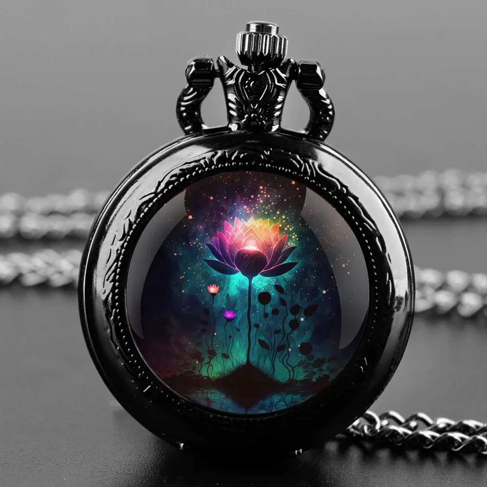 متوهجة لوتس خمر الأرقام العربية قبة زجاج ساعة جيب كوارتز الرجال النساء ساعة موضة هدية Relogio دي بولسو الزهور