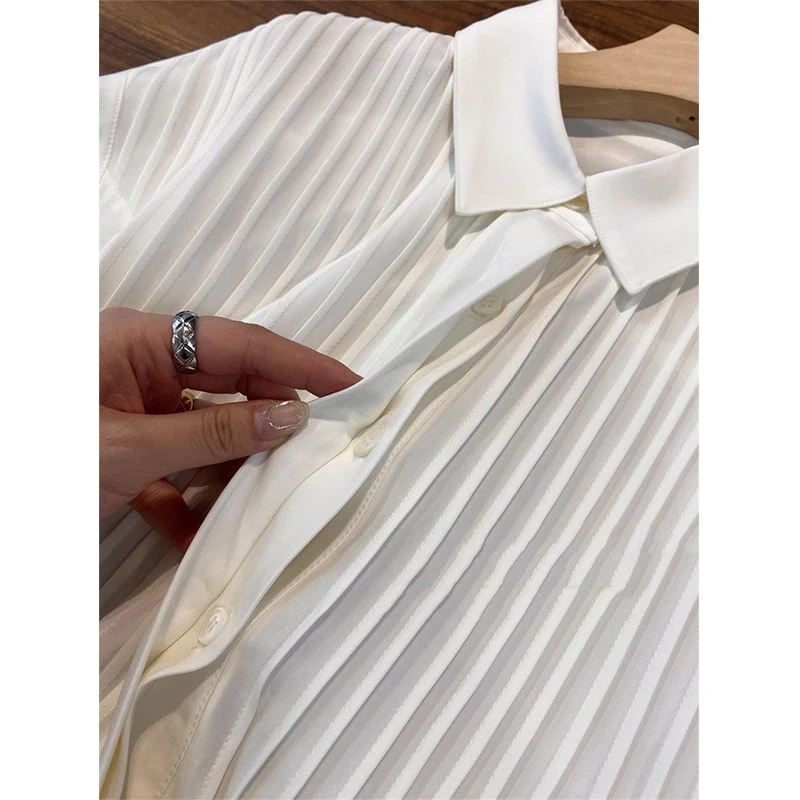 2022 Spring Autumn Turn Down Collar White Simple Pleated Shirt Women Elegant Fashion Temperament All-match Blouse Femme Cardigan