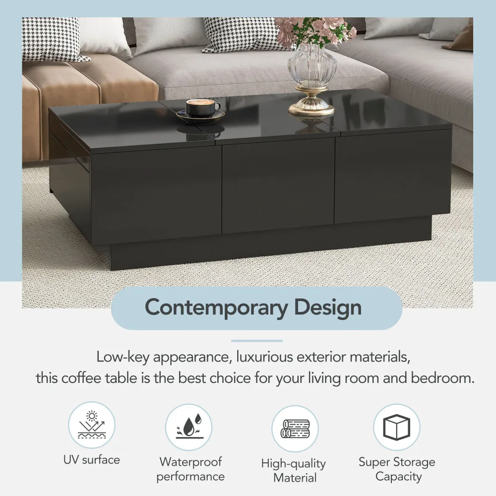 Coffee Table with 2 large Hidden Storage Compartment, Extendable Cocktail Table with 2 Drawers, High-gloss and Sliding Top