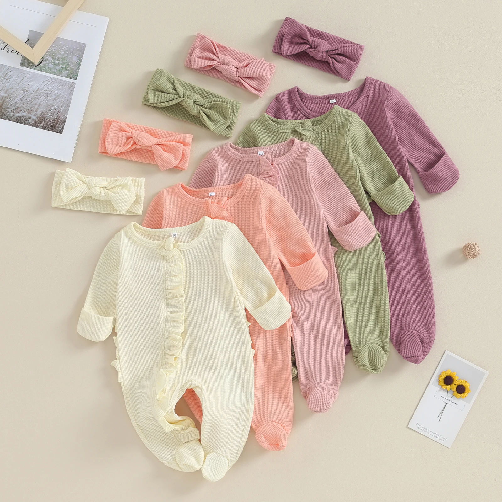 2024 Infant Girl Footies Rompers Solid Color Frills Crew Neck Long Sleeve Baby Jumpsuits Newborn Clothes Bodysuits with Headband