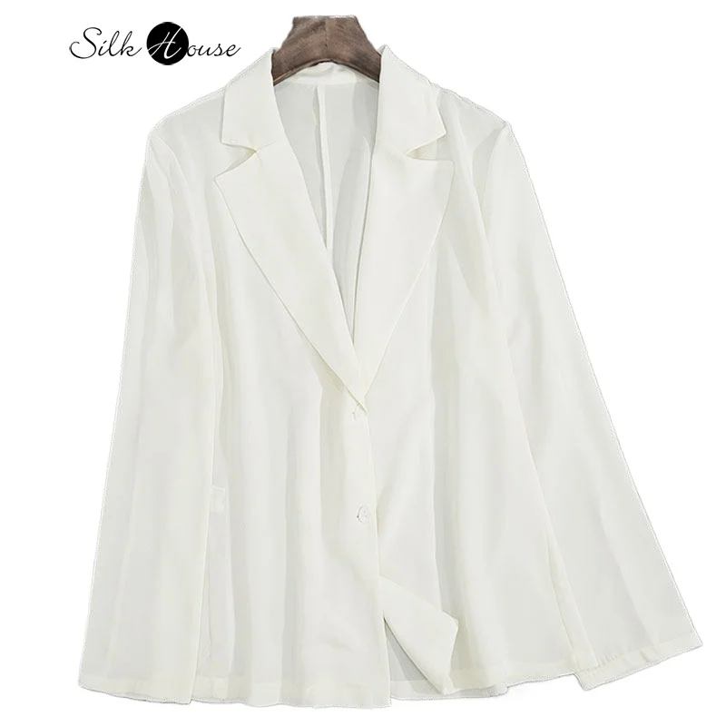 

2026 Women's Spring Fashion Clothing White 93% Natural Mulberry Silk Elastic Double Qiao Satin Lapel Long Sleeve Casual Suit