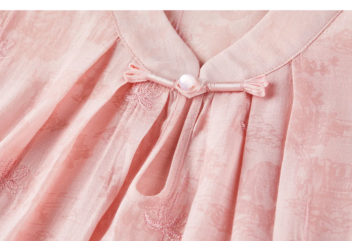 SENTUBILA Elegante Bestickte Jacquard-Chiffonbluse für Damen, Rosa, mit Gepinntem Plissee-Stehkragen und Spitzensaum, Locker Geschnittenes Hemd 162VF5004 – Detail 33