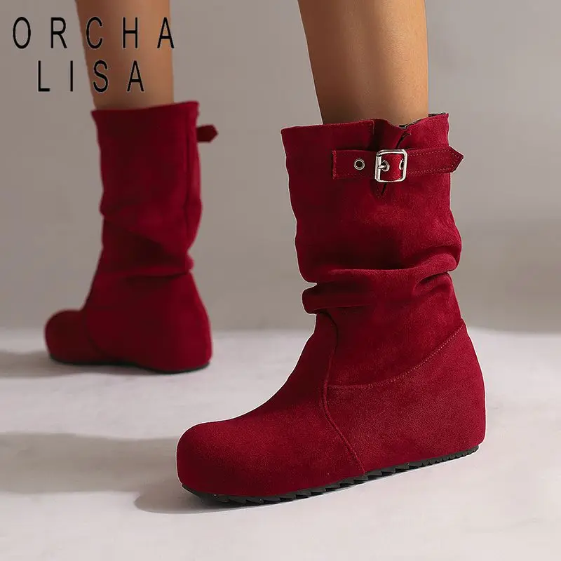 

ORCHA LISAFashion Замшевые сапоги до середины икры из флока, женские туфли без шнуровки на увеличенном каблуке 4 см, большой размер 4–42 43 с широкими штанинами, коричневые