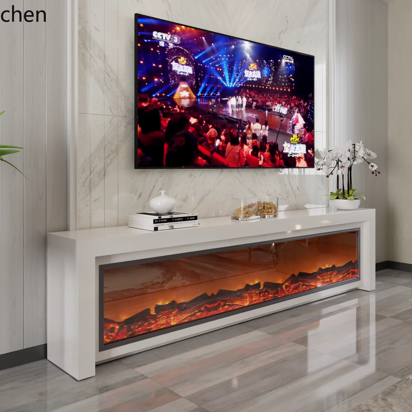 CZ Solid Wood TV Cabinet Fireplace Simulation Decoration Electronic Heater Marble